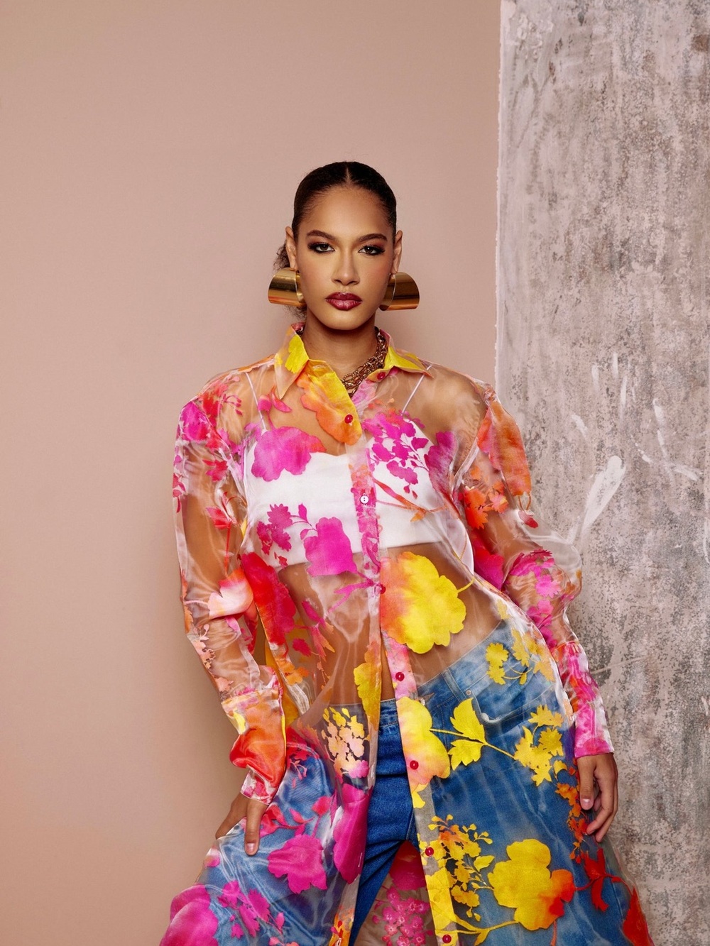 OlarsGrace Blossom Shirt Dress Sheer Floral Button-Down Top in Bright Multi